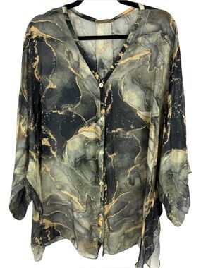 Beyond Capri Italy Silk Blend Lagenlook Abstract Marble Sheer Tunic Top OS